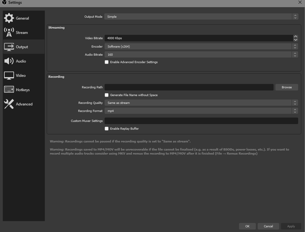 Рекомендуемые настройки публикации в OBS modules-configuration